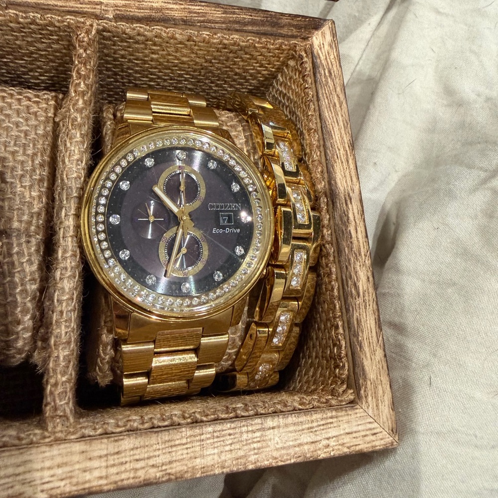 Citizen Gold Tone Watch with Black Dial and Crystal Accents bracelet set